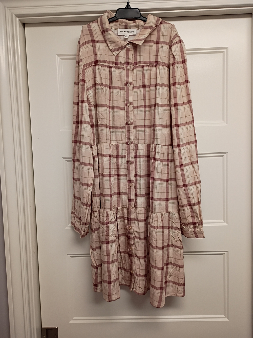 Lucky Brand Doeskin Cream & Mauve Plaid Tiered Button-Front Dress Women's Sz XL